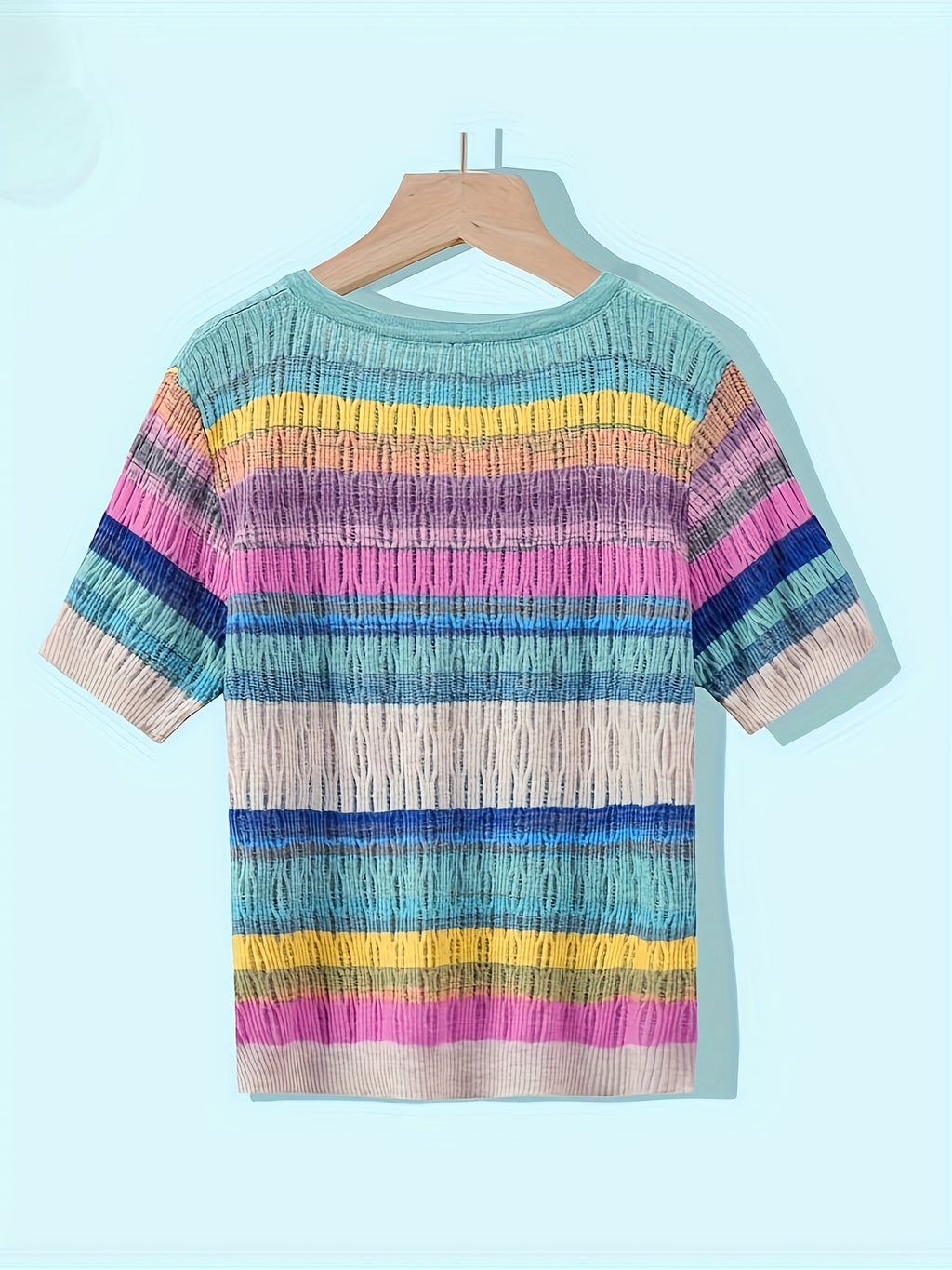 Women'S Casual Rainbow Striped Short Sleeve Cardigan - Comfortable Polyester Knit, Breathable & Stylish, Round Neck, Summer Top, Casual Summer Top|Striped Cardigan|Knit Construction, Ladies Cardigan