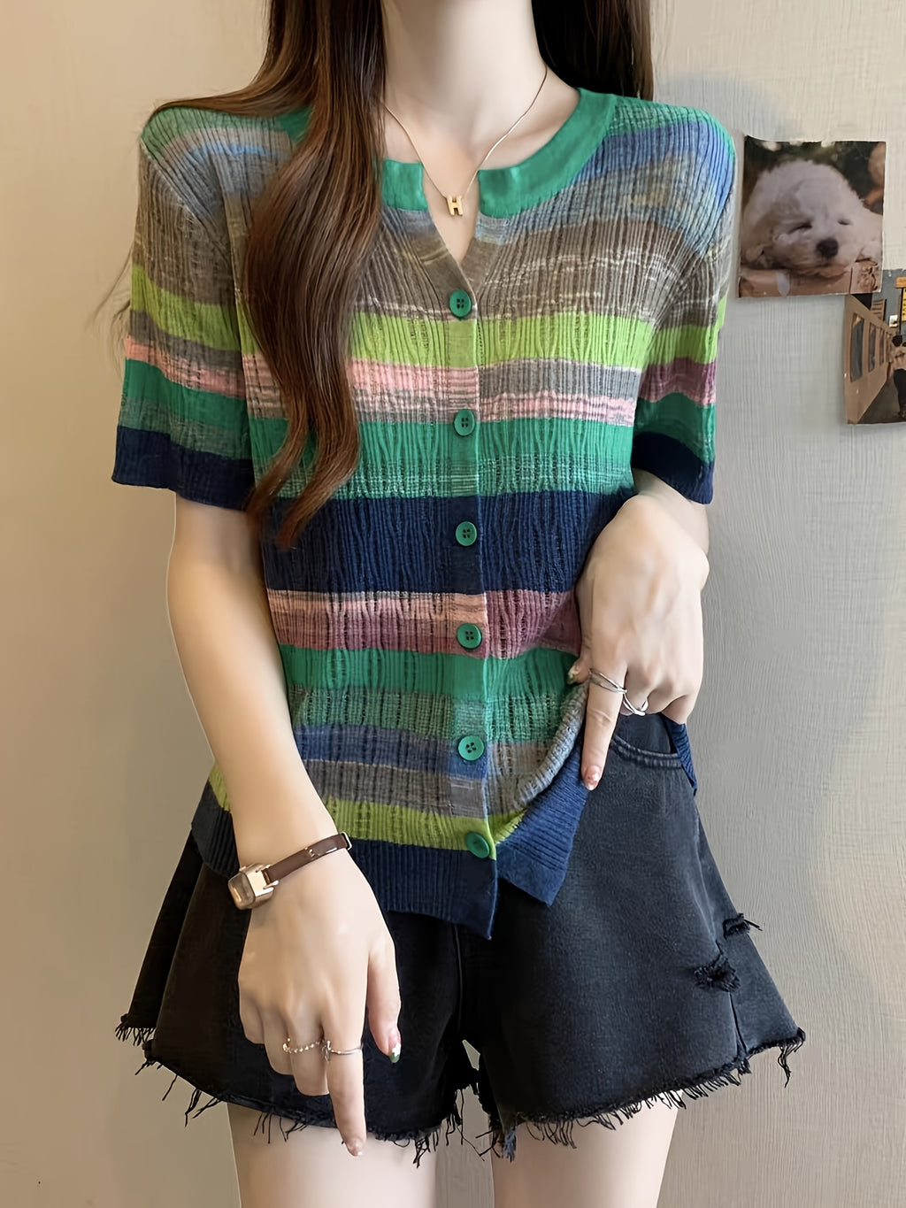 Women'S Casual Rainbow Striped Short Sleeve Cardigan - Comfortable Polyester Knit, Breathable & Stylish, Round Neck, Summer Top, Casual Summer Top|Striped Cardigan|Knit Construction, Ladies Cardigan