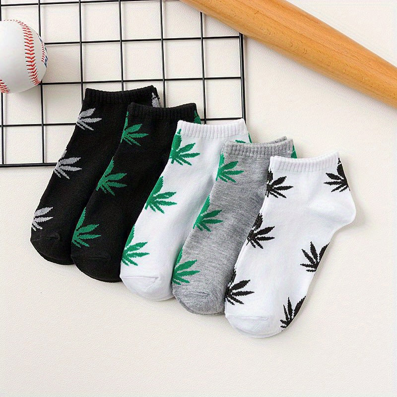 10 Pairs Women's Leaf Print Ankle Socks - Soft & Lightweight Sports Socks with Leaf Design, Breathable Short Socks for Casual Wear, Black\u002FWhite\u002FGrey with Green Accents
