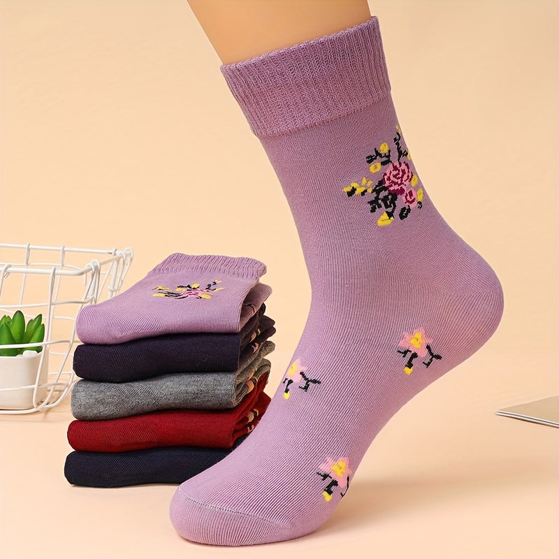 5 Pairs Floral Pattern Crew Socks, Warm Thick All-match Mid Tube Socks For Fall & Winter, Women's Stockings & Hosiery