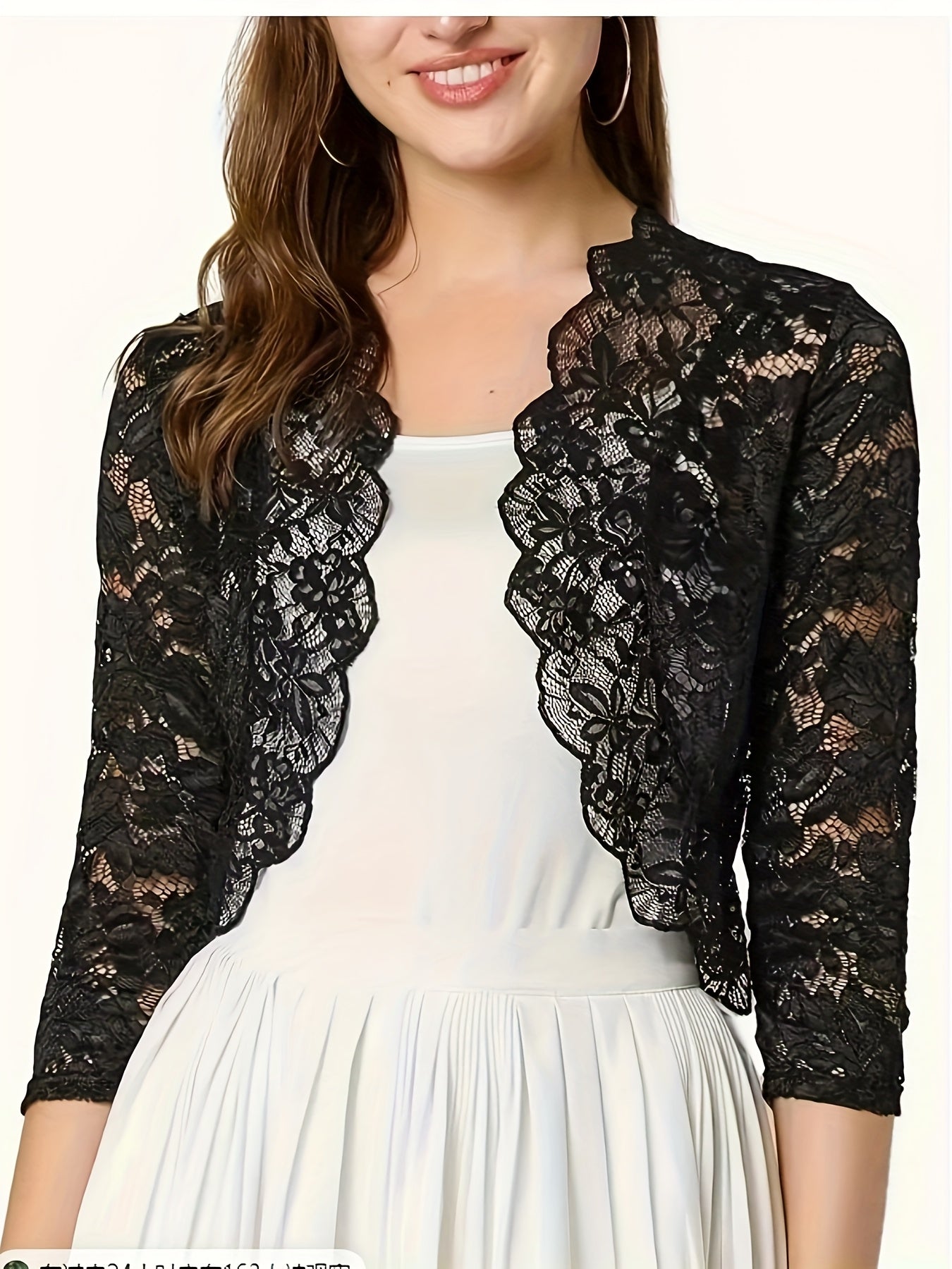 2025 Women'S Elegant Short Collarless Three Quarter Length Sleeve Polyester Knit Fabric Cardigan Top, Solid Color, with Contrast Lace Placket, for Spring\u002FSummer