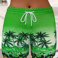 Women'S Casual Drawstring Shorts with Pockets, Tropical Palm Tree and Sailboat Print, Comfortable Leisure Vacation Fashion, Polyester Blend Knit Fabric, Spring\u002FSummer\u002FFall Season