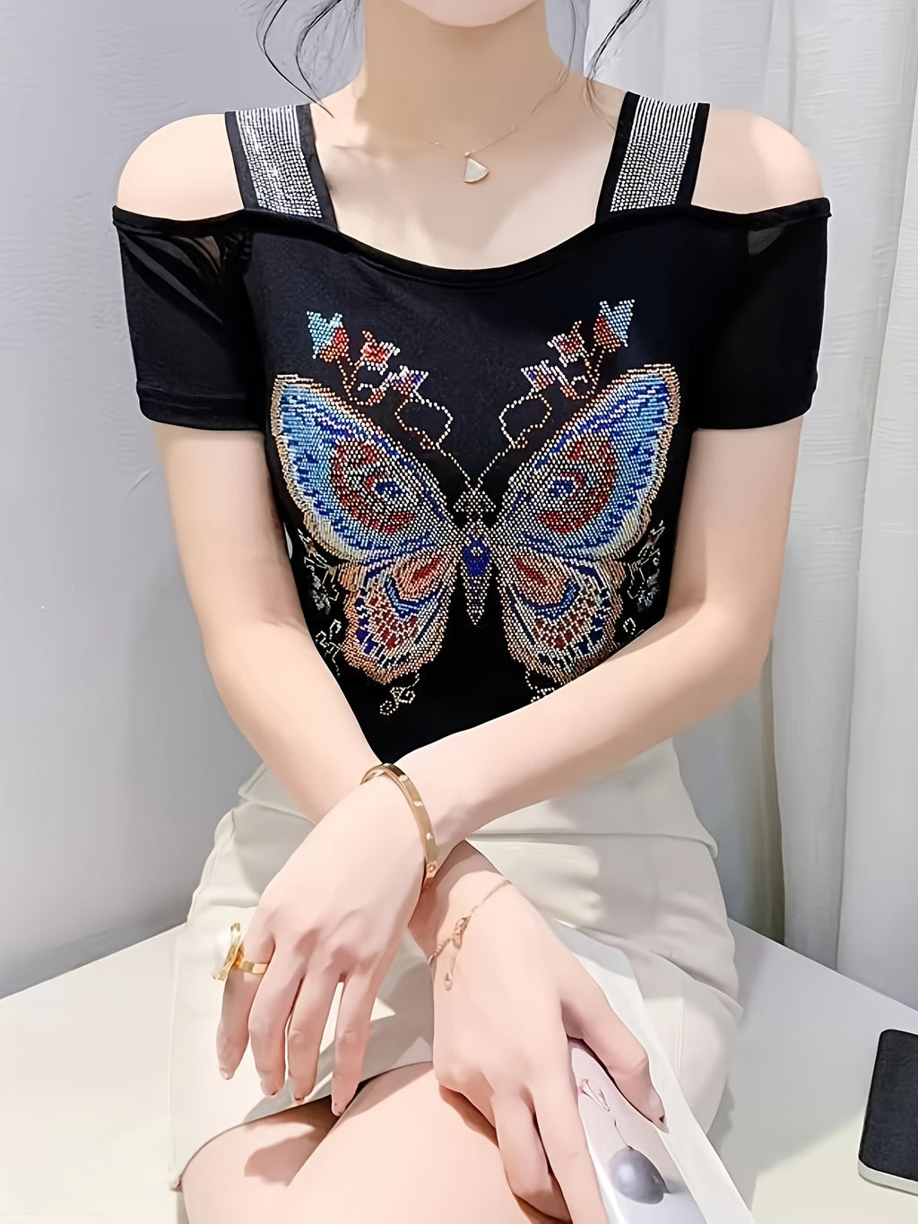 Elegant Off-Shoulder Butterfly Rhinestone Top - High Stretch Mesh, Short Sleeve, Double Layer Design, Vibrant Floral & Butterfly Pattern, Women's Fashion for Summer