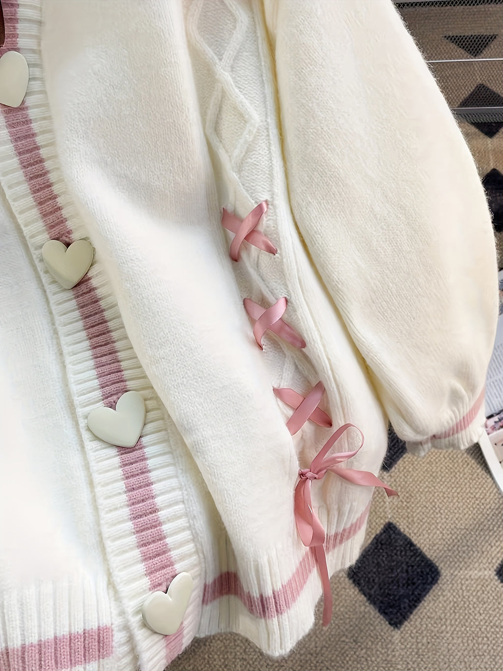 Women'S V-Neck Cardigan with Color Block Design, Acrylic Blend Knit Sweater, with Button Details and Drawstring for All Seasons