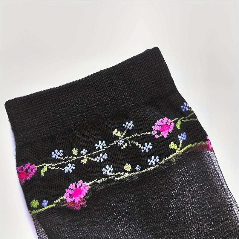 5 Pairs Women's Floral & Crystal Embellished Mesh Mid-Calf Socks - Breathable Sheer Thin Stockings with Elastic Ribbed Top, Machine Washable for Spring Summer Fall Casual & Formal Wear, Seasonal Hosiery, Durable Sock Material