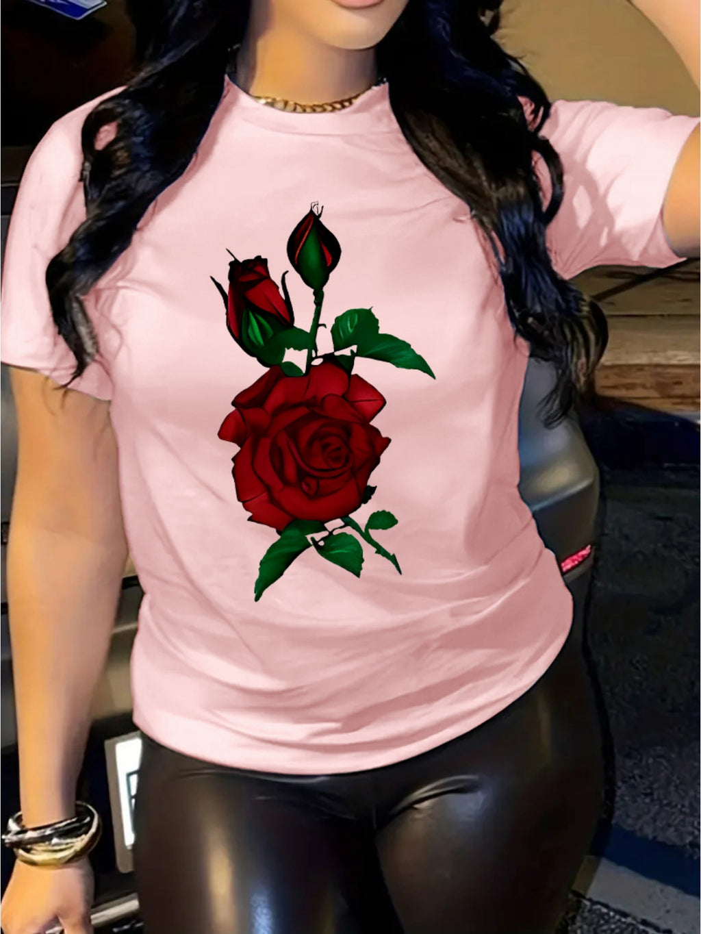 Rose Print Women's Casual Comfortable Crew Neck T-Shirt with Double Shoulder Seams