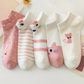 5 Pairs Women's Ankle Socks - Cute Cartoon Cat Design with Polka Dots, Stripes & Hearts - Soft Pink & White Short Socks for Everyday Casual Wear, Novelty Socks, Comfortable Knitwear