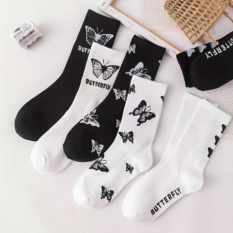 New Solid Color Black and White Butterfly Socks, Street Style Couple Socks for Men and Women