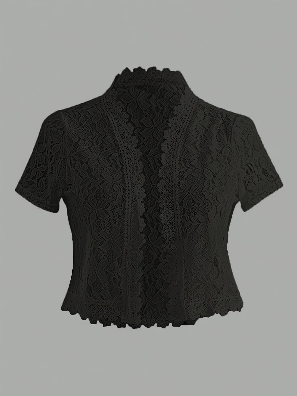 Elegant White Lace Contrast Cardigan - Short Sleeve, Stand Collar, Open Front Jacket for Women | Perfect for Spring\u002FSummer Parties & Casual Wear, Party Wear Cardigan | Lace Detailing | Constructio