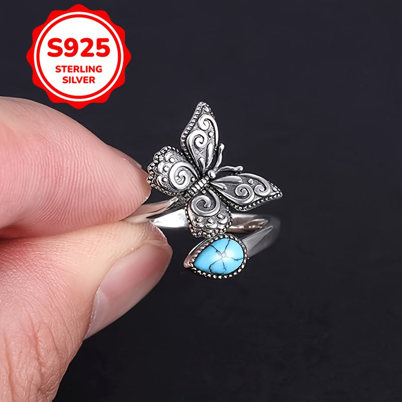 925 Sterling Silver Vintage Carved Butterfly Faux Turquoise Open Ring, Adjustable Spoon Band Jewelry Gift For Men & Women, Hypoallergenic, 0.09oz