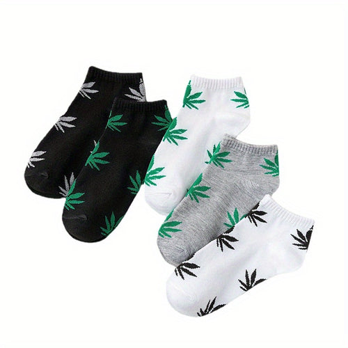 10 Pairs Women's Leaf Print Ankle Socks - Soft & Lightweight Sports Socks with Leaf Design, Breathable Short Socks for Casual Wear, Black\u002FWhite\u002FGrey with Green Accents
