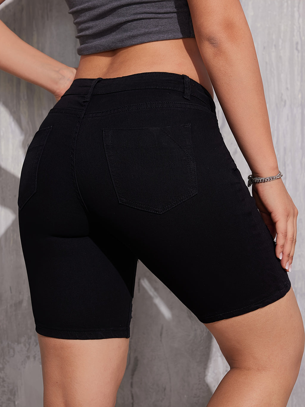 Ripped Holes Slimming Denim Shorts, Slash Pockets Stretchy Short Denim Pants, Women's Denim Jeans & Clothing