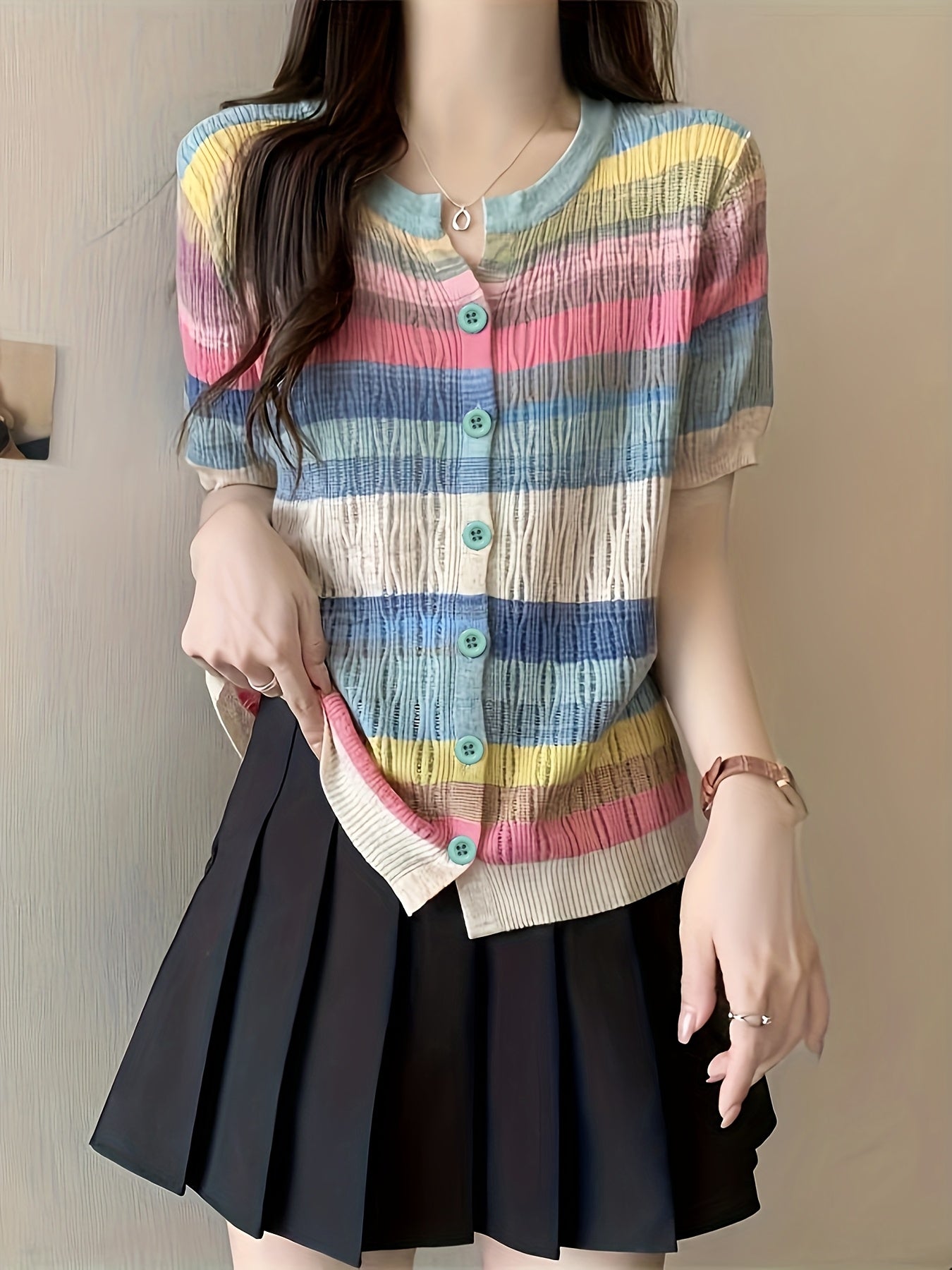 Women'S Casual Rainbow Striped Short Sleeve Cardigan - Comfortable Polyester Knit, Breathable & Stylish, Round Neck, Summer Top, Casual Summer Top|Striped Cardigan|Knit Construction, Ladies Cardigan
