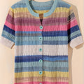 Women'S Casual Rainbow Striped Short Sleeve Cardigan - Comfortable Polyester Knit, Breathable & Stylish, Round Neck, Summer Top, Casual Summer Top|Striped Cardigan|Knit Construction, Ladies Cardigan