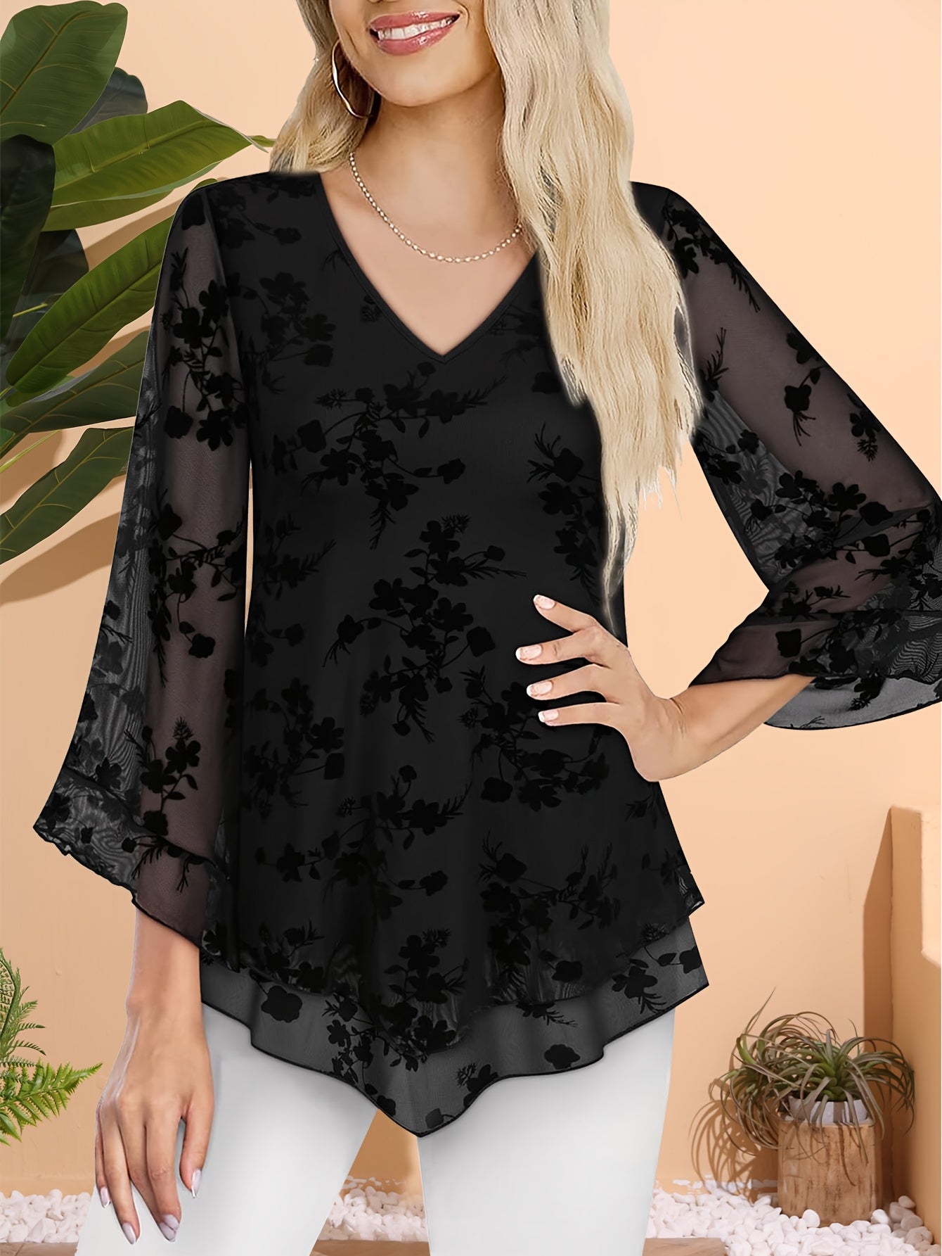 Women's Floral Print V-Neck Blouse with 3\u002F4 Flared Sleeves - Double-Layer Elastic Mesh, Loose Fit Flowy Tunic Top for Casual & Work, Spring\u002FSummer Semi-Sheer Shirt, Ladies Blouses