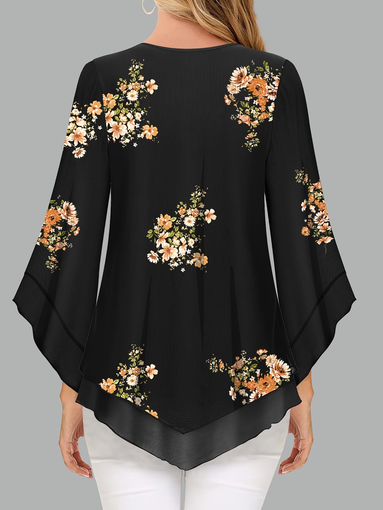Women's Floral Print V-Neck Blouse with 3\u002F4 Flared Sleeves - Double-Layer Elastic Mesh, Loose Fit Flowy Tunic Top for Casual & Work, Spring\u002FSummer Semi-Sheer Shirt, Ladies Blouses