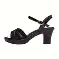 Women's Black Rhinestone-Embellished Chunky Heel Sandals - Breathable Mesh & Synthetic Cover Open-Toe Dress Shoes with Buckle Closure, Comfortable Mid-Heel for Casual, Office & Party Wear, High Heel Sandals