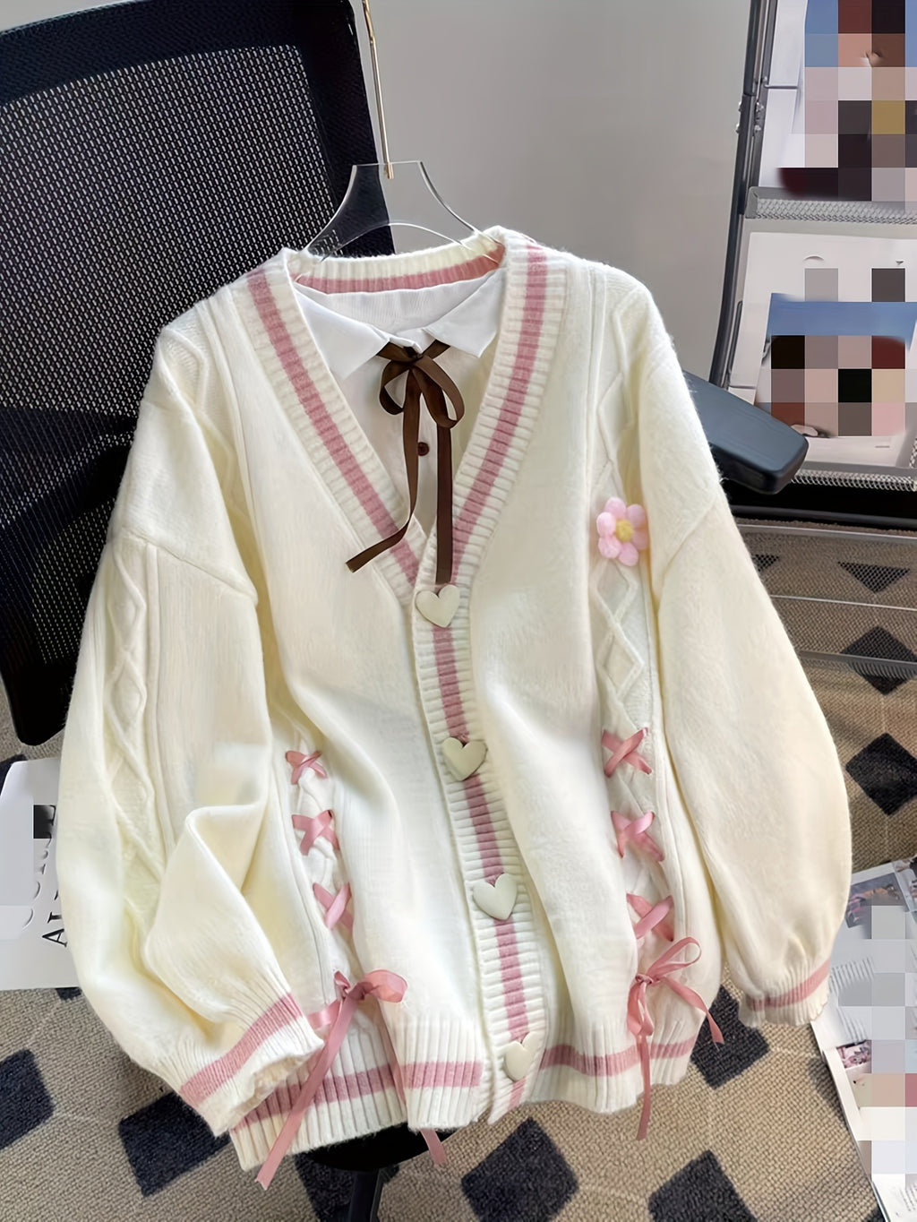 Women'S V-Neck Cardigan with Color Block Design, Acrylic Blend Knit Sweater, with Button Details and Drawstring for All Seasons