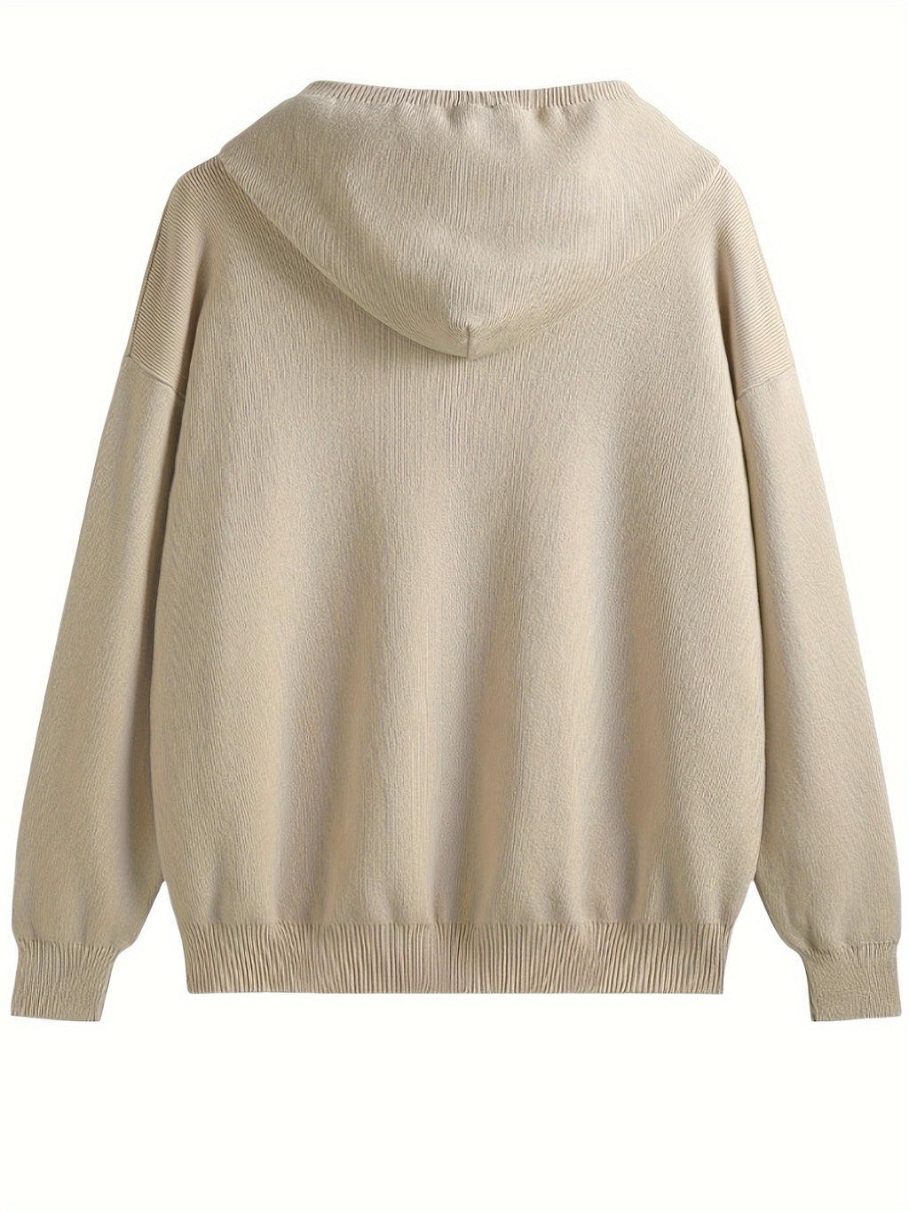 Women's Beige Hooded Cardigan Sweater - Slim Fit Zip-Up Front with Open Collar, Long Sleeve Ribbed & Side Pockets for Spring\u002FFall Transitional Weather, Casual to Professional Outfits, Sweater Cardigan, Casual Attire, Fitted Fashion, Textured Fabric