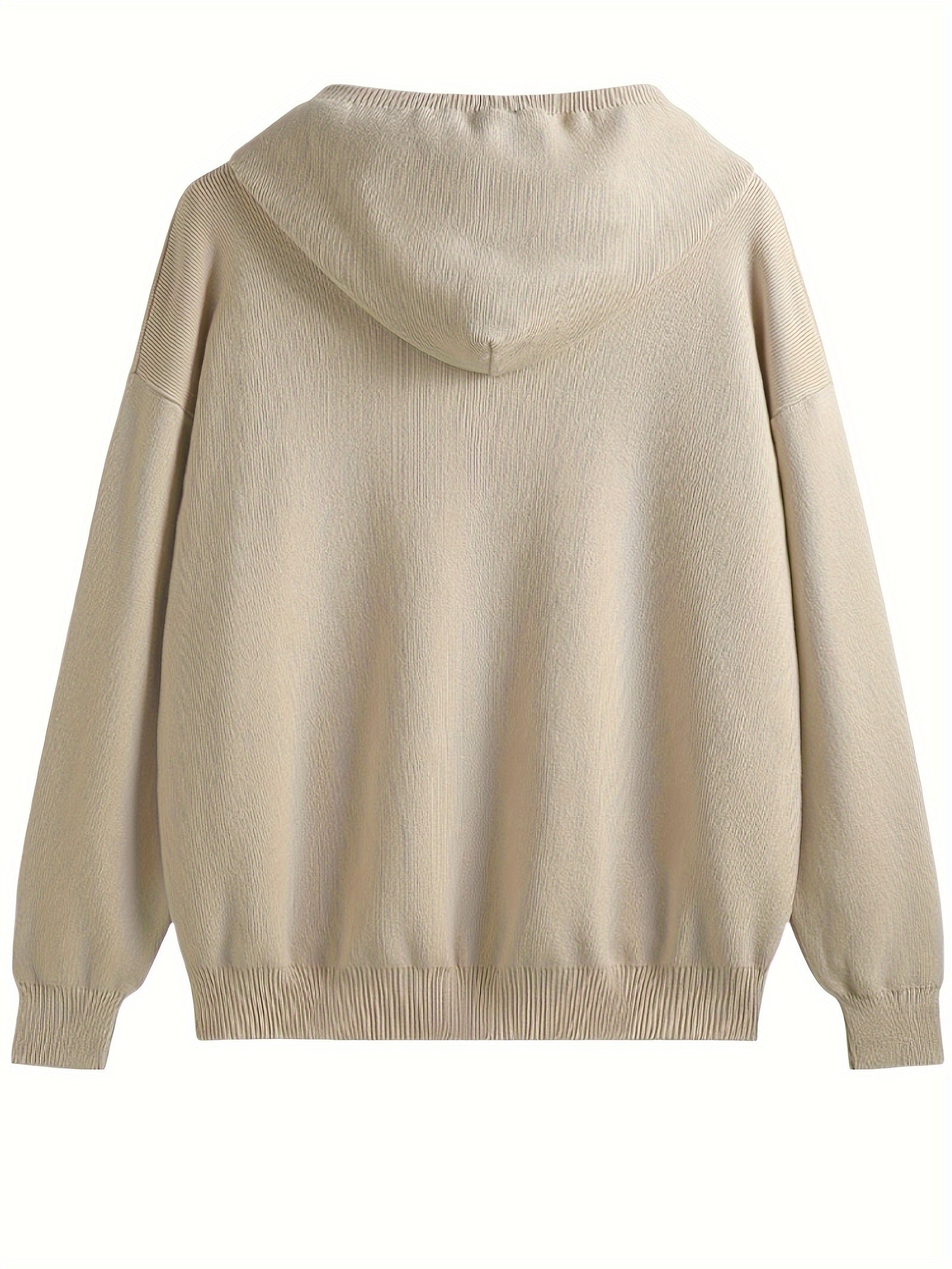 Women's Beige Hooded Cardigan Sweater - Slim Fit Zip-Up Front with Open Collar, Long Sleeve Ribbed & Side Pockets for Spring\u002FFall Transitional Weather, Casual to Professional Outfits, Sweater Cardigan, Casual Attire, Fitted Fashion, Textured Fabric