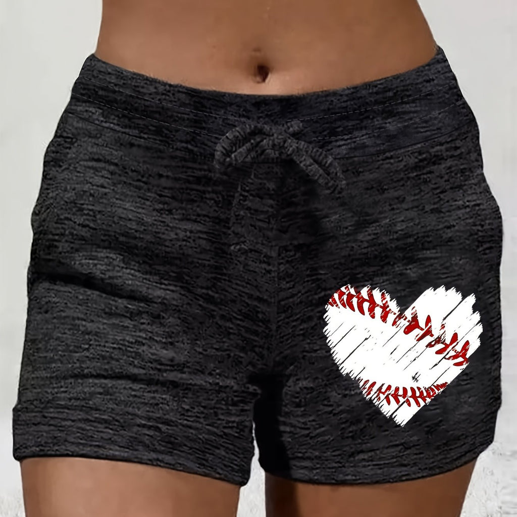 Women'S Casual Baseball Heart Print Drawstring Shorts - Lightweight, Comfortable Summer Loungewear with Ribbed Design and Front Pockets