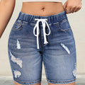 Women's Blue Elastic Waist Drawstring Ripped Denim Shorts, Fashionable Elegant Style Whiskering Denim Shorts