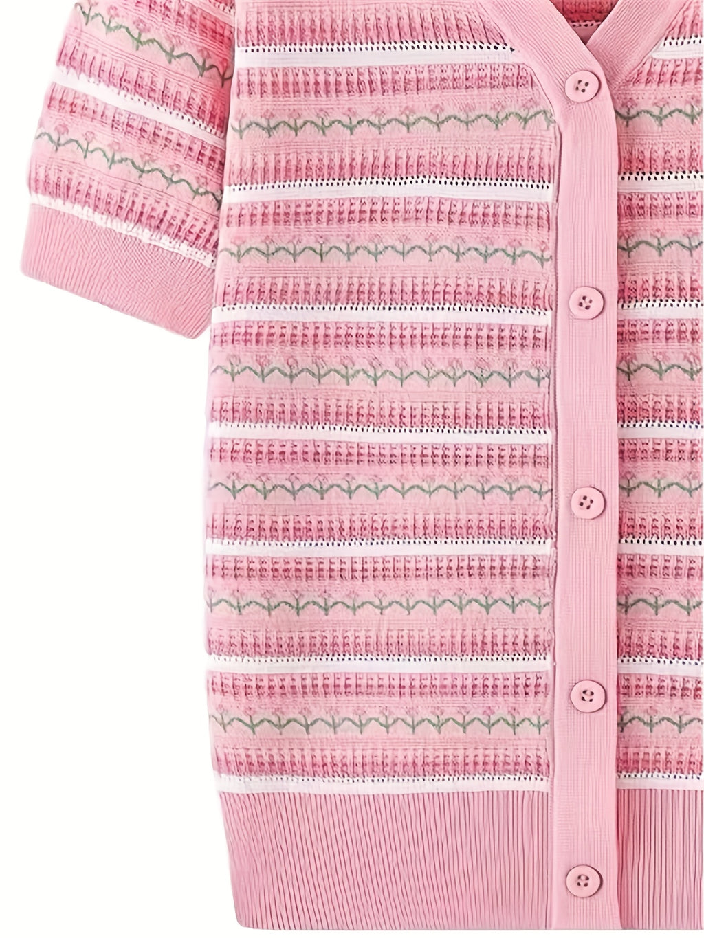 Women'S Pink & White Striped V-Neck Knit Cardigan with Decorative Buttons, Short Sleeve, Asymmetrical Hem, Casual Summer Crochet Top for Spring\u002FSummer, Cute Knit Cardiga