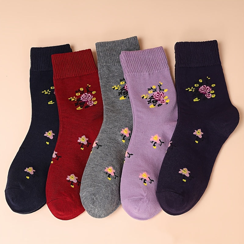 5 Pairs Floral Pattern Crew Socks, Warm Thick All-match Mid Tube Socks For Fall & Winter, Women's Stockings & Hosiery