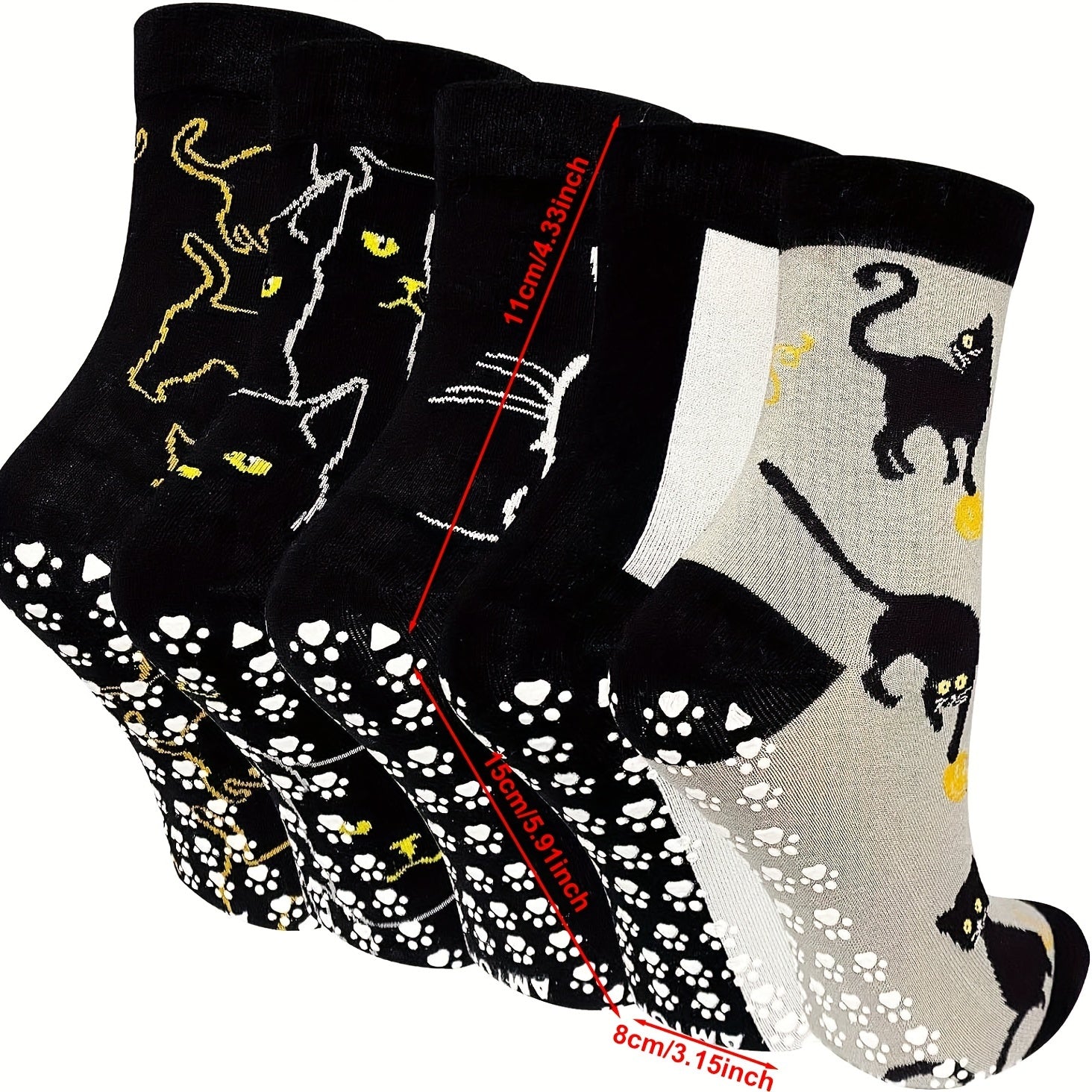 5 Pairs Women's Non-Slip Grip Socks with Playful Cat & Skull Cartoon Design, Anti-Skid Sole, All-Season Comfort, Hand Wash\u002FDry Clean - Funny Novelty Socks for Casual Wear, Cute Socks, Comfortable Footwear, Whimsical Sock Patterns