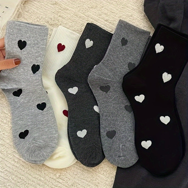 5 Pairs Heart Print Crew Socks 5 Pairs Women'S Heart Print Crew Socks, Comfortable Mid-Calf Length, Polyester Knit Fabric with 5% Elastane, Geometric Pattern, with Hand Wash, for Fall\u002FWinter