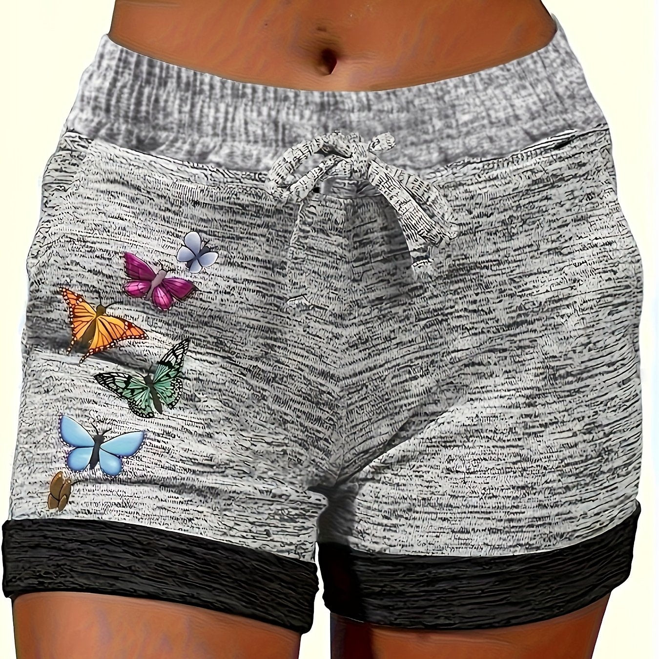 Women's Stretchy Casual Printed Shorts with Elastic Waistband, Drawstring, and Pockets - Comfortable Summer Sportswear Featuring Colorful Butterfly Design