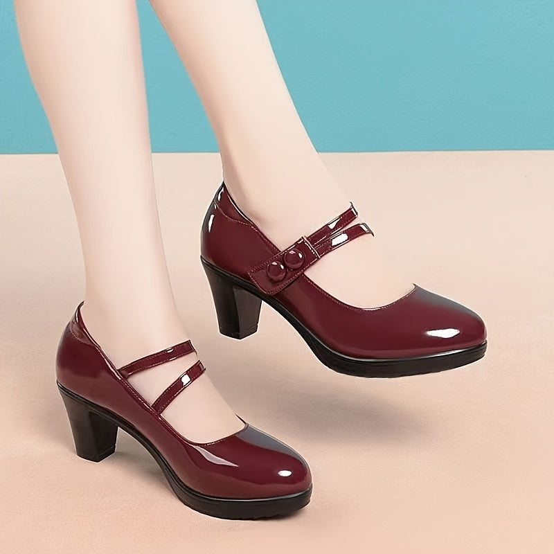 Women's Red Synthetic Cover Pumps - Round Toe, Chunky Heel, Double Buckle Straps, Glossy Finish, All-Season Fashion Dress Shoes
