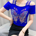 Elegant Off-Shoulder Butterfly Rhinestone Top - High Stretch Mesh, Short Sleeve, Double Layer Design, Vibrant Floral & Butterfly Pattern, Women's Fashion for Summer