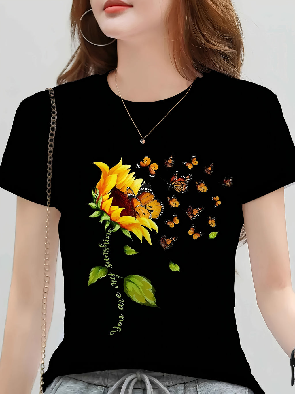 Women's Black Sunflower & Butterfly Print Round Neck T-Shirt - Vibrant Floral Design, Soft Breathable Fabric, Casual Versatile Top for Spring Summer Fall, Machine Washable, Sunflower Tshirt