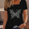 Stylish Women's Square Neck Shiny Rhinestone T-Shirt with Large Butterfly Appliqué, Trendy and Elegant Blouse for Ladies