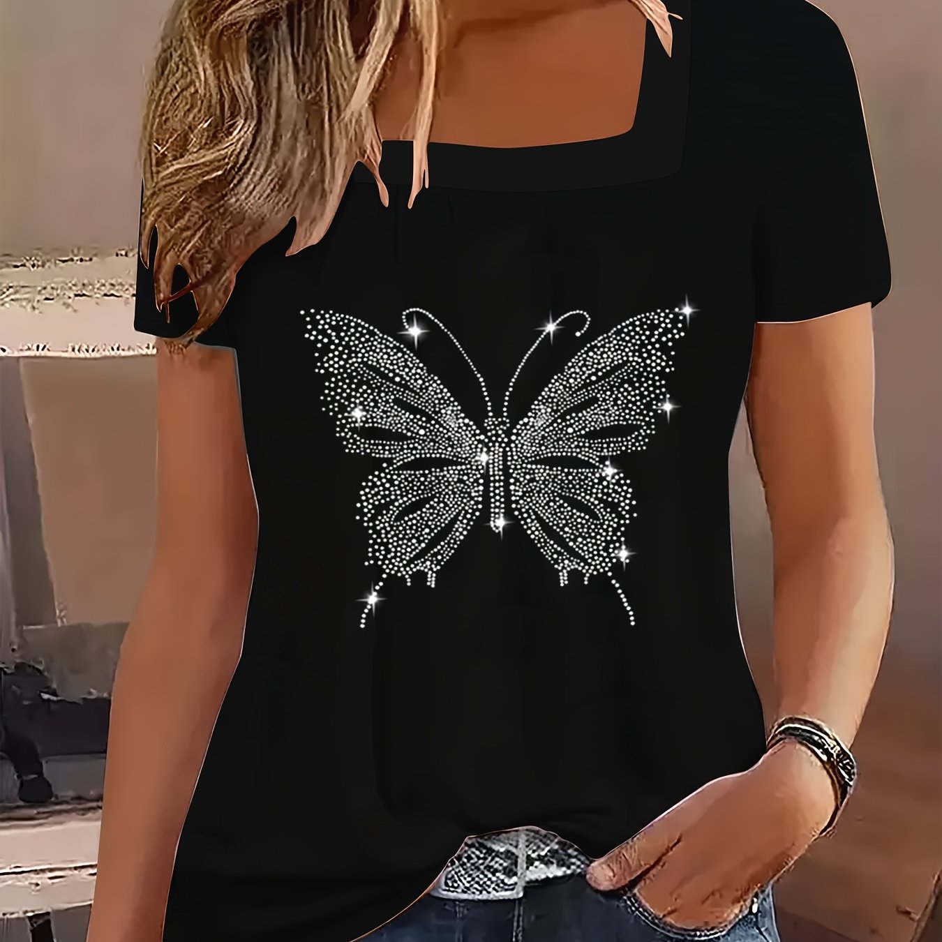 Stylish Women's Square Neck Shiny Rhinestone T-Shirt with Large Butterfly Appliqué, Trendy and Elegant Blouse for Ladies