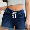 Drawstring Elastic Waist Roll Up Hem Denim Shorts, Whiskering High Stretch Hot Denim Shorts, Women's Denim Jeans & Clothing