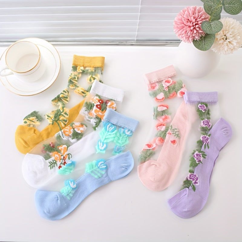 5 Pairs Floral Lace Mesh Socks, Lightweight & Breathable Mid Tube Socks, Women's Stockings & Hosiery