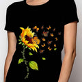 Women's Black Sunflower & Butterfly Print Round Neck T-Shirt - Vibrant Floral Design, Soft Breathable Fabric, Casual Versatile Top for Spring Summer Fall, Machine Washable, Sunflower Tshirt