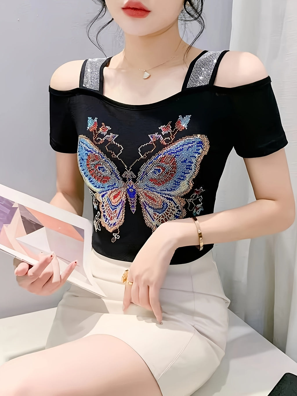 Elegant Off-Shoulder Butterfly Rhinestone Top - High Stretch Mesh, Short Sleeve, Double Layer Design, Vibrant Floral & Butterfly Pattern, Women's Fashion for Summer