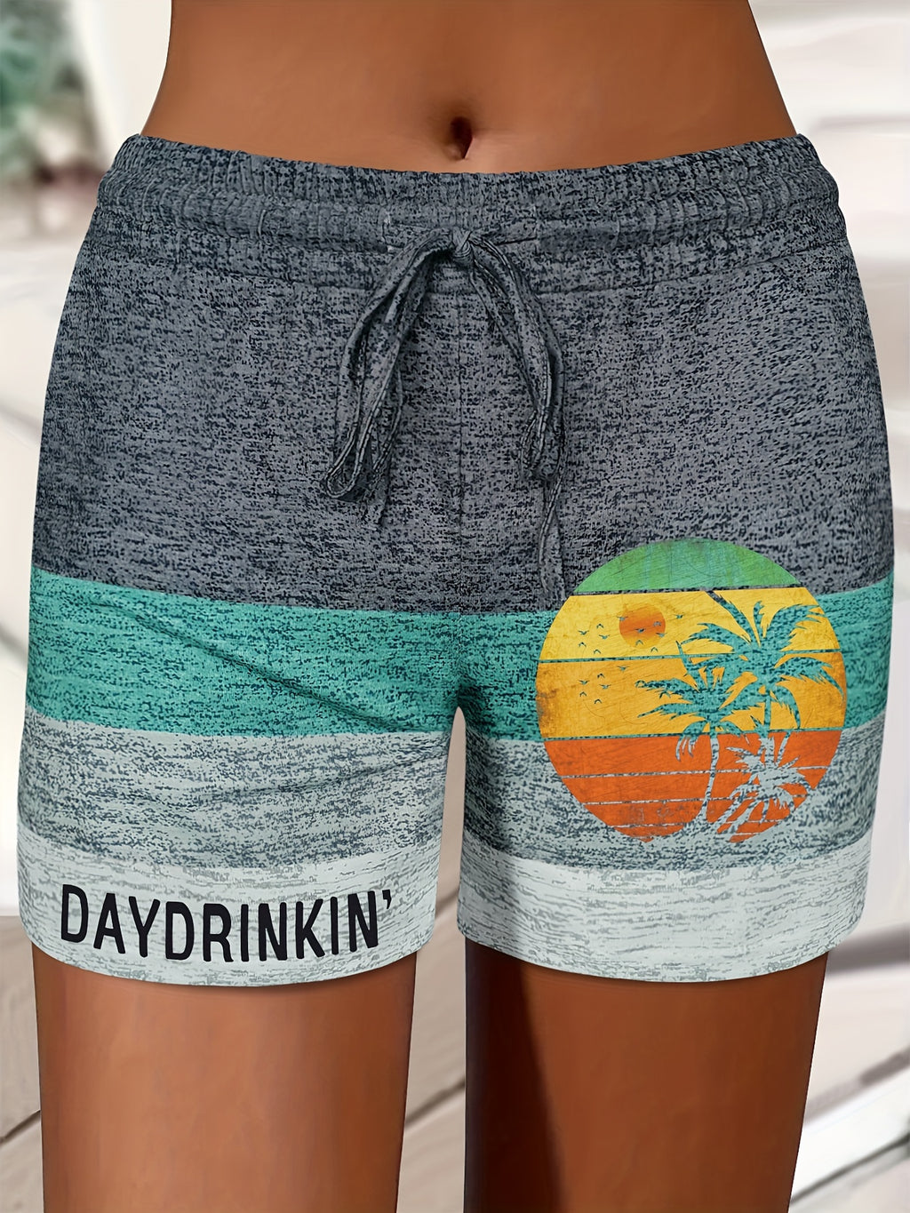 1pc Women's Drawstring Shorts, Casual Fashion Vacation Shorts with Sunset Palm Tree Print and Lettering, Polyester Knit Fabric with Pockets, Spring\u002FSummer\u002FAutumn Collection