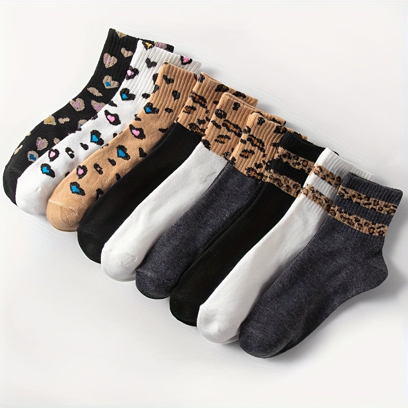 9-Pack Women's Leopard Print Heart Stripe Fashion Casual Mid-Calf Socks for Everyday Use
