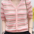 Women'S Pink & White Striped V-Neck Knit Cardigan with Decorative Buttons, Short Sleeve, Asymmetrical Hem, Casual Summer Crochet Top for Spring\u002FSummer, Cute Knit Cardiga