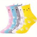5 Pairs of Cute Cartoon Cat Print Knit Crew Socks for - Soft, Breathable, Thick, Machine Washable, Polyester Blend, Spring\u002FFall Essentials, Breathable Socks | Playful Design | Knit Texture