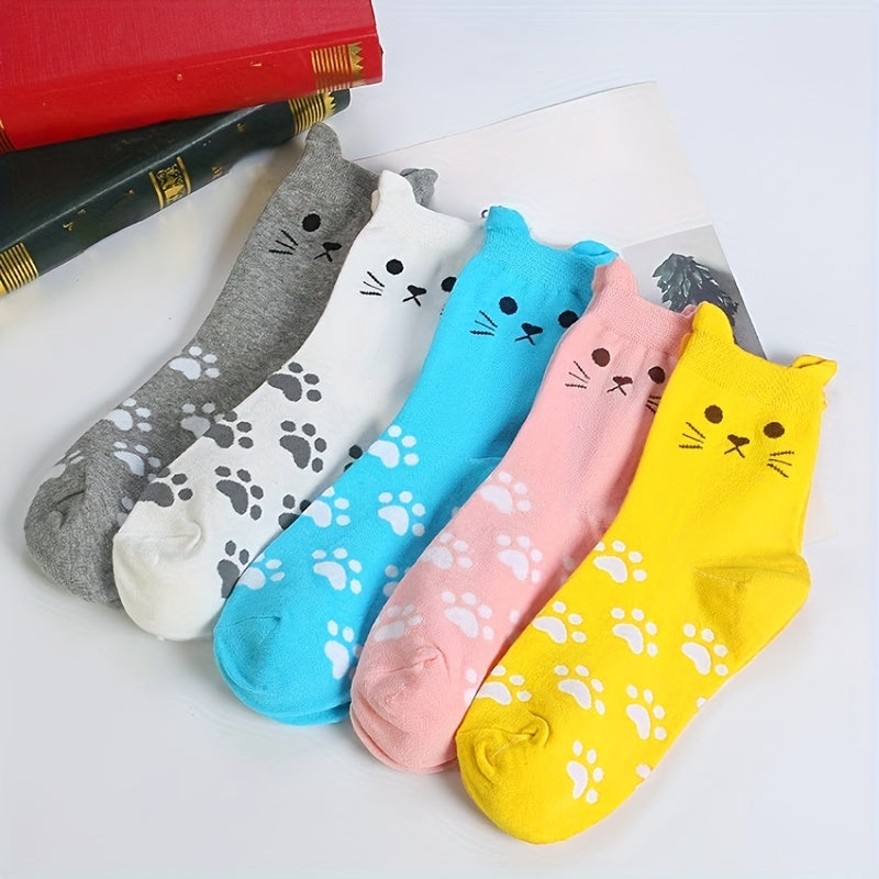5 Pairs of Cute Cartoon Cat Print Knit Crew Socks for - Soft, Breathable, Thick, Machine Washable, Polyester Blend, Spring\u002FFall Essentials, Breathable Socks | Playful Design | Knit Texture