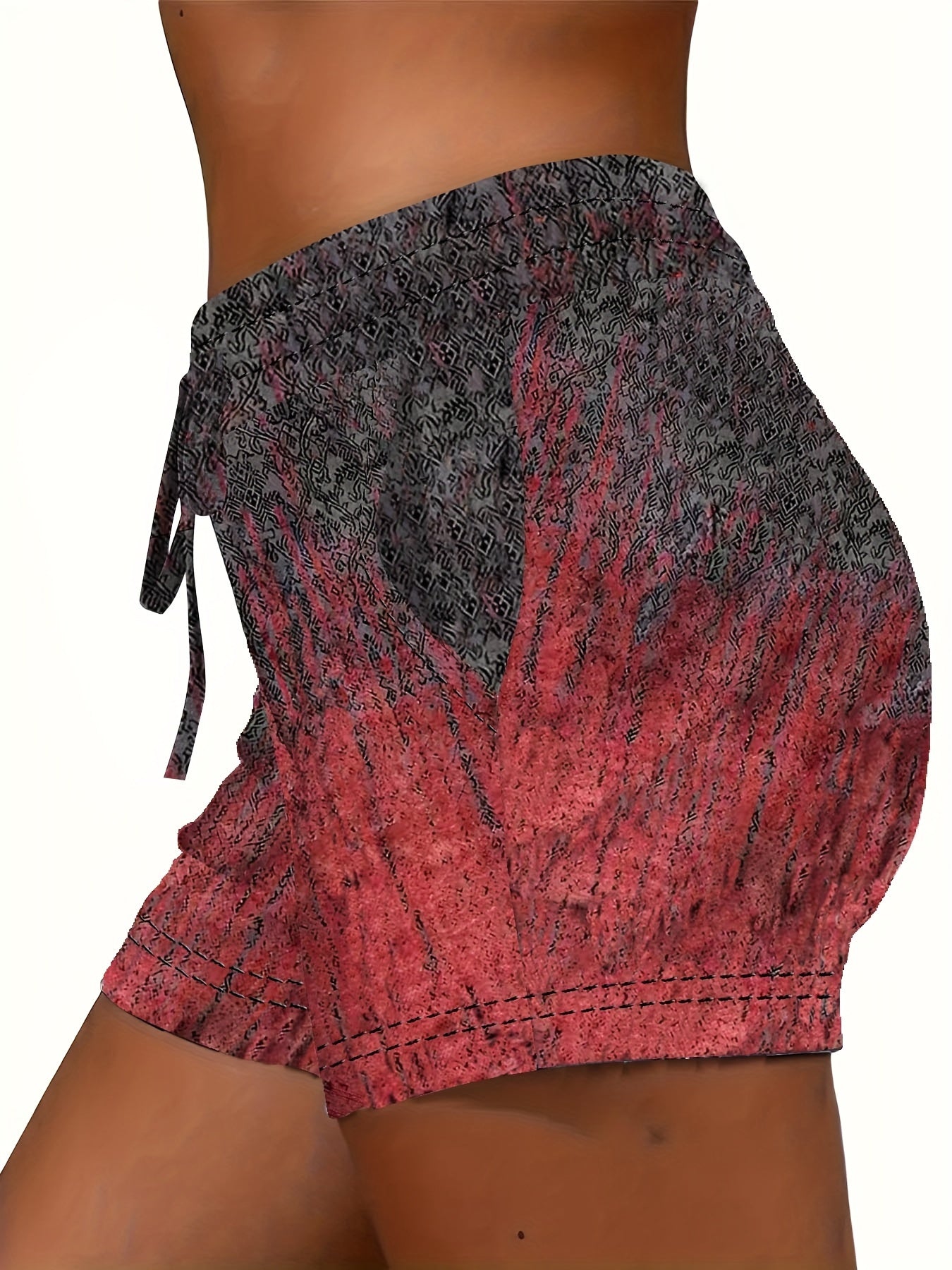 Women's Casual Printed Drawstring Shorts - Stretchy Elastic Waist, Gradient Red and Black, Polyester Blend, Summer Fashion