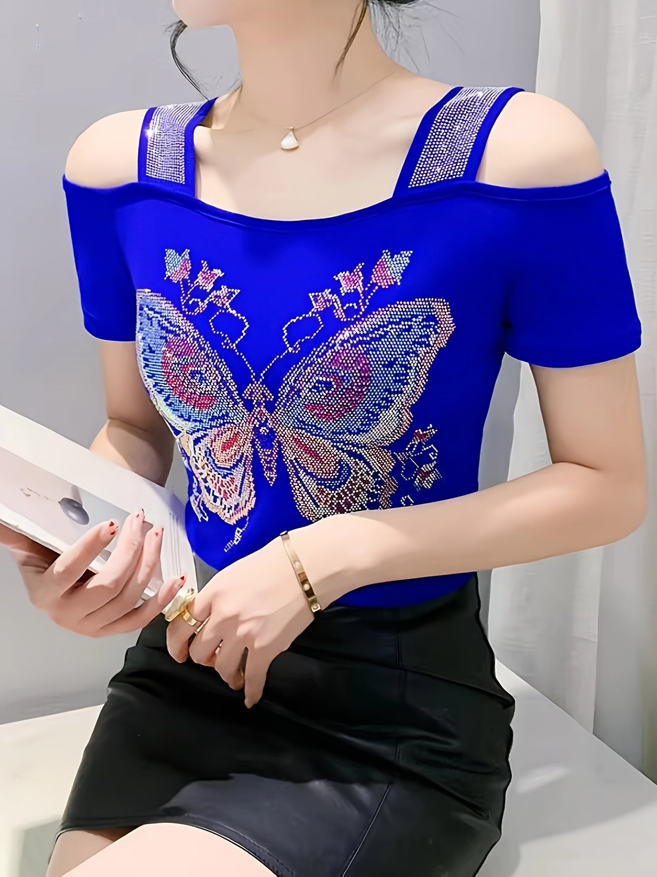 Elegant Off-Shoulder Butterfly Rhinestone Top - High Stretch Mesh, Short Sleeve, Double Layer Design, Vibrant Floral & Butterfly Pattern, Women's Fashion for Summer
