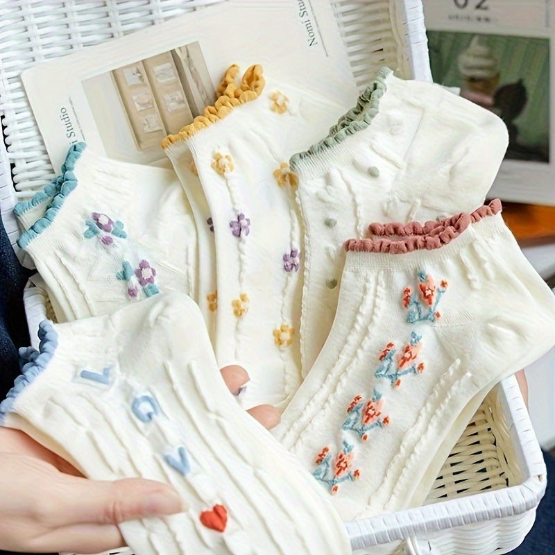 5 Pairs Women'S Floral & Letter Ankle Socks - Breathable, Comfortable Knit Fabric, Ruffled Edge Design, Pastel Colors with Colorful Lettering (Ace, Love, Friendship, Sister, Sisterhood) - Casual Wear, Cute Socks