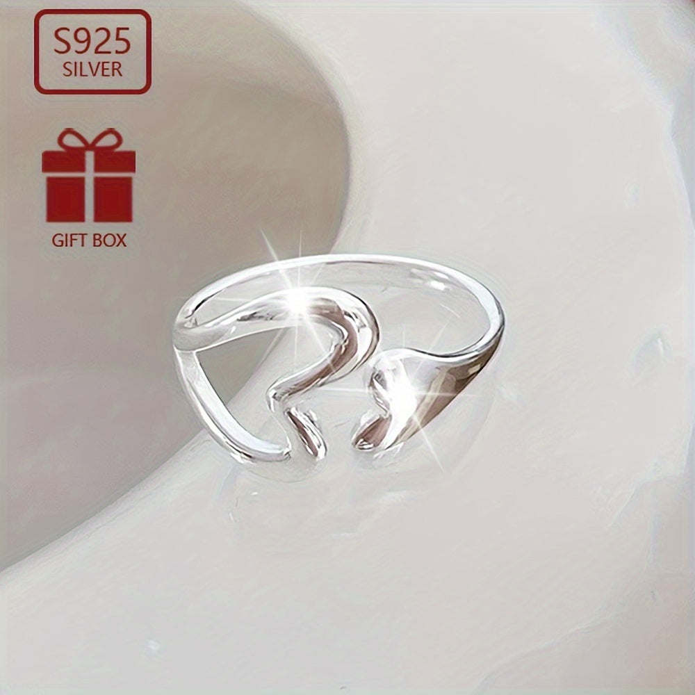 1pc 925 Pure Silvery Adjustable Ring with Hollow Heart Opening Ring Wall Niche Design Jewelry Decoration