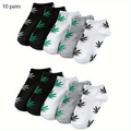 10 Pairs Women's Leaf Print Ankle Socks - Soft & Lightweight Sports Socks with Leaf Design, Breathable Short Socks for Casual Wear, Black\u002FWhite\u002FGrey with Green Accents